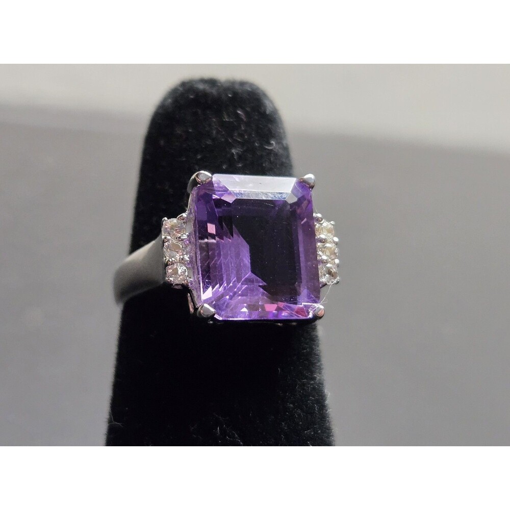 5.94 CTW Amethyst Ring, Large Emerald Cut Purple Gemstone Sterling Silver Size 5